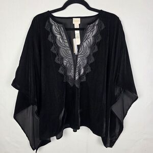 NWT‎ Chico's Velvet Poncho Top - Black Lace Trim Boho Blouse Size S/M Evening